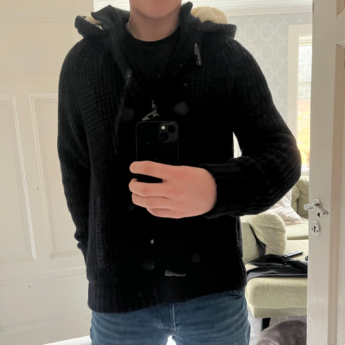 Mörkblå fodrad cardigan med huva - 1