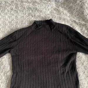 Svart ribbad tröja från 157.NEW - Säljer en stilren svart ribbad tröja från 157.NEW. Tröjan har en hög krage och långa ärmar, perfekt för kyligare dagar. Den är både bekväm och lätt att matcha med olika outfits. Passar bra för både vardag och speciella tillfällen.