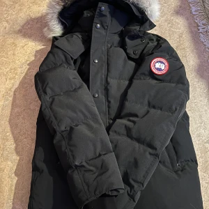 Svart dunjacka med pälsdetalj - Säljer en svart dunjacka från Canada Goose med pälsdetalj på huvan. Jackan har en klassisk design med knappar och dragkedja framtill. Perfekt för kalla vinterdagar.