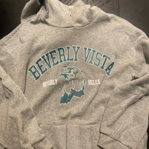 Grå hoodie med Beverly Vista-tryck - Säljer en grå hoodie med tryck av 'Beverly Vista' och en örn i mitten. Perfekt för en avslappnad stil. Hoodien har en klassisk passform med långa ärmar och en bekväm huva.