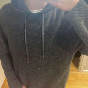 Grå merinoull hoodie - Säljer en stilren grå merinoull hoodie med dragsko i huvan. Perfekt för en avslappnad look. Den har långa ärmar och är tillverkad i ett mjukt material. Säljer den eftersom den är stor för mig 