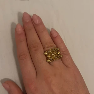 Guldfärgad ring med nitar - Snygg guldfärgad ring med  nitar. Ringen har tappat färg lite på nitarna och där bak därav priset❤️