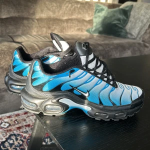 Nike Air Max Plus i blått och svart - Säljer ett par Nike Air Max Plus i blått och svart med snyggt vågmönster. Skorna har en robust sula och klassisk snörning. Perfekta för både vardag och träning. De är i mycket bra skick och redo för nya äventyr!