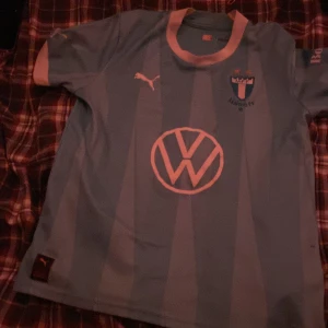 Ljusblå fotbollströja från Puma - Säljer en ljusblå fotbollströja från Puma med korta ärmar. Tröjan har ett randigt mönster och klubbmärke på bröstet. Den har även ett stort VW-märke på framsidan och nummer 22 med namnet Ali på baksidan. Perfekt för fotbollsfans! ⚽