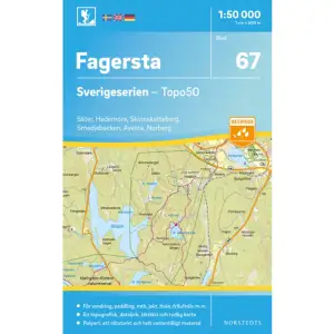 Sverigeseriens friluftskartor är en serie om 116 kartor med ett täckningsområde som sträcker sig över södra och mellersta Sverige samt Norrlandskusten. Det är kartan för dig som söker information inför friluftsaktiviteter som vandring, utflykter, traillöpning, jakt, fiske, ridning, cykling, mtb, paddling, långfärdsskridsko m.m.De topografiska kartorna i skala 1:50 000 innehåller all den information som förväntas av en terrängkarta för friluftsliv: terränginformation, vandringsleder, motionsspår, camping, vindskydd, golfbanor, badplatser, fornlämningar, vägar graderade i olika klasser, järnvägslinjer och mycket mer.Topografin är lätt att läsa med höjdkurvor i intervaller om 5 meter. Tillsammans med redovisning av olika marktyper och natur syns miljön tydligt. Här visas bland annat olika typer av skog, öppen eller odlad mark, berg, sankmark, sjöar, vattendrag, vägar, leder och stigar. Högre byggnader som vindkraftverk, kraftledningar, master och torn är bra symboler på kartan att använda som riktmärken i naturen vid navigering.Sverigeserien är en kvalitetskarta som är gjord för att användas! Aktuellt kartdata är hämtat från Lantmäteriet och den är tryckt på Polyart som är helt vattentåligt och slitstarkt. Det mjuka materialet tål att vikas om och om igen. Den klarar både vinterns och sommarens ibland utmanande väder i Sverige. Kartorna har en utförlig teckenförklaring på svenska, engelska och tyska.