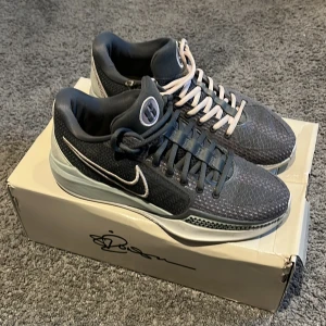 Sebrina 1 - Snygga grå Nike sneakers med vit sula och svart swoosh-logga. Skorna har snörning och en stilren design med detaljer i ljusgrått. Perfekta för en sportig look.