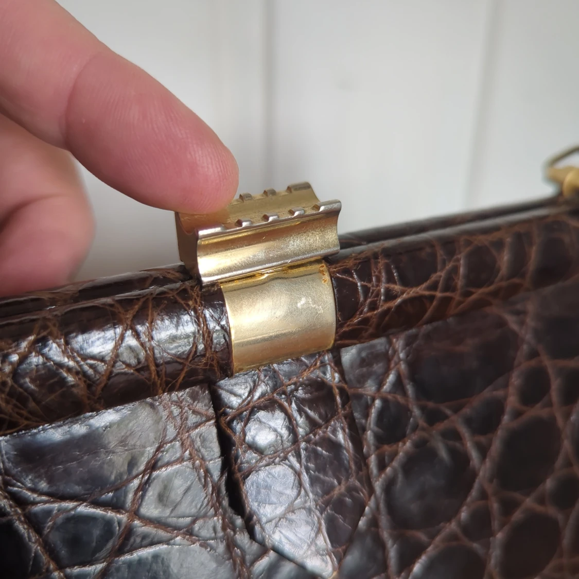 Retro ca 1950 skinn krokodilpräglad handväska - 1