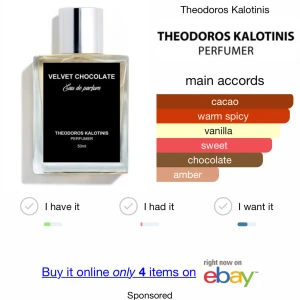 Velvet Chocolate Eau de Parfum från Theodoros Kalotinis - Super god gourdman parfym Velvet Chocolate, en Eau de Parfum från Theodoros Kalotinis. Denna doft kombinerar rika toner av kakao, varm krydda, vanilj och sötma med inslag av choklad och amber. 