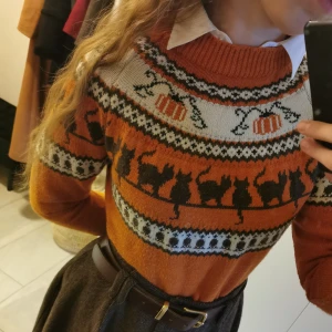 Orange stickad tröja - Säljer en mysig orange stickad tröja med ett unikt mönster av svarta katter och pumpor. Köpt på Etsy för några år sedan. Tröjan har långa ärmar och en rund halsringning. Perfekt för höst och vinter! Armlängd: ca 60 cm. Längd: 68cm. Bredd: 47cm. 