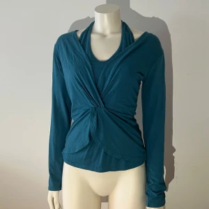 Långärmad blå omlott tröja - Superskön turkos långärmad tröja i 95% viscose. Hittar inget märke eller storlek men uppskattar den till en S/M