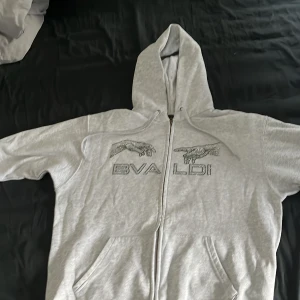 Grå hoodie från Bvaldi - Säljer en stilren grå hoodie från Bvaldi med dragkedja och huva. Framsidan pryds av ett unikt tryck med en hand och texten 'BVA'. Perfekt för en avslappnad look.