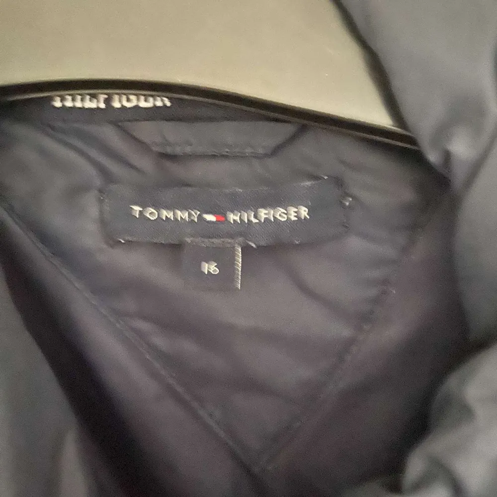 Säljer en snygg mörkblå vindjacka från Tommy Hilfiger. Jackan har en dragkedja framtill och vita detaljer vid fickorna. På ärmen finns det ett stort tryck med 'HILFIGER'. Perfekt för vår och höst!. Jackor.