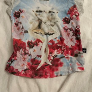 Färgglad t-shirt med apmotiv från Molo - Säljer en färgglad t-shirt från Molo med ett unikt apmotiv och blommor i rött och rosa på framsidan. Baksidan är grå och enfärgad. Perfekt för att liva upp garderoben! Den kommer tvättas och strykas innan den skickas! ⭐️