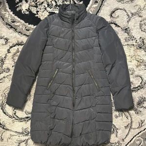 Grå lång dunjacka - Säljer en stilren grå lång dunjacka med dragkedja och hög krage. Jackan har två snedställda fickor med dragkedjor och quiltad design för extra värme. Perfekt för kyliga dagar.