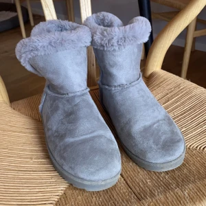 Uggs - Hej!! Säljer dessa liknande Uggs skorna. Dom är i en superfin grå färg med fluff uppe på kanten och även inuti skorna. Skorna säljs då dom inte kommer till användning. Dom är knappast använda och har inge direkta defekter förutom att dom har lite små slitningar på sig som man kan se på bilderna. Men det är ingenting man lägger märke till. Hör mer än gärna av dig om du skulle ha några frågor!