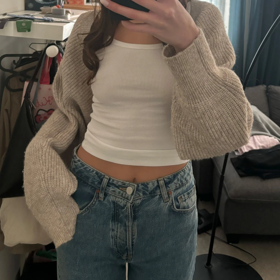 Beige stickad bolerotopp - 91