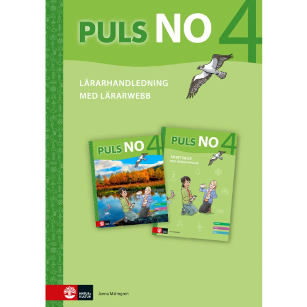 Biologi, fysik och kemi - alla ämnen samlade i en bok PULS årskursböcker hjälper eleven att se hur ämnena biologi, fysik och kemi hör ihop och samspelar. Materialet bygger på tidigare utgåvor av PULS men har bearbetats och uppdaterats. Faktainnehållet är uppdaterat utifrån 2020 års kursplaner och kvalitetsgranskat av fackkunninga. Lärarhandledningen och lärarwebben stöttar läraren lektion - hela vägen fram till bedömning. GrundbokVarje kapitel i PULS grundbok inleds med ett startuppslag som väcker elevernas intresse med hjälp av en diskussionsbild. Beskrivande rubriker och löpande förklaringar av ämnesspecifika begrepp underlättar läsförståelsen. Bilder och illustrationer konkretiserar innehållet i texten. Arbetsbok och webbövningarArbetsboken innehåller uppgifter med stegrande progression. Eleven får med uppgifterna träna på begrepp, befästa faktakunskaper och försklara olika samband. Till arbetsboken hör webbövningar där eleverna befäster ord och begrepp. Till varje kapitel finns även avslutande repetitionsuppgifter. Lärarhandledning med lärarwebbUndervisningen med PULS utgår från lärarhandledningen. Här finns tydliga instruktioner för hur du kan genomföra din undervisning, till exempel diskussionsunderlag, olika sätt att bearbeta faktatexter och begrepp samt naturvetenskapliga undersökningar. På den tillhörande lärarwebben finns material för digital visning, som samtalsbilder och filmer. Efter 12 månader kan du förnya ditt abonnemang. Innehåll i PULS NO åk 4:* Kost och hälsa (BI)* Ekosystem (BI)* Djur (BI)* Skogen (BI) * Material (KE)* Dygn, årstider och år (FY)* Värme och kyla (FY)* Vatten (KE)* Blandningar och lösningar (KE)* Växter (BI) Kostnadsfritt extramaterialPULS fortsätter på webben! Här finns kostnadsfria webbövningar med fokus på ord och begrepp. Du når materialet via Mina sidor. Format Spiral Omfång 200 sidor Språk Svenska Förlag Natur & Kultur Läromedel och Akademi Utgivningsdatum 2020-10-30 Medverkande Malin Bolin ISBN 9789127457126 . Böcker.