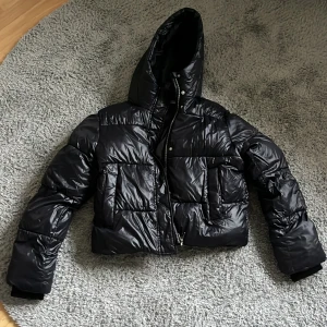 Vinterjacka  - Svart glansig vinterjacka från Nelly strl 38. Har två fickor och en innerficka. Den är lite kortare i modellen. Använd kanske två vintrar men i fint skick. På bilden med jackan på så är den lite lång, min syster som har den på sig är ca 150 cm lång. På mig slutar den typ vid höfterna och är 163 cm lång🫶