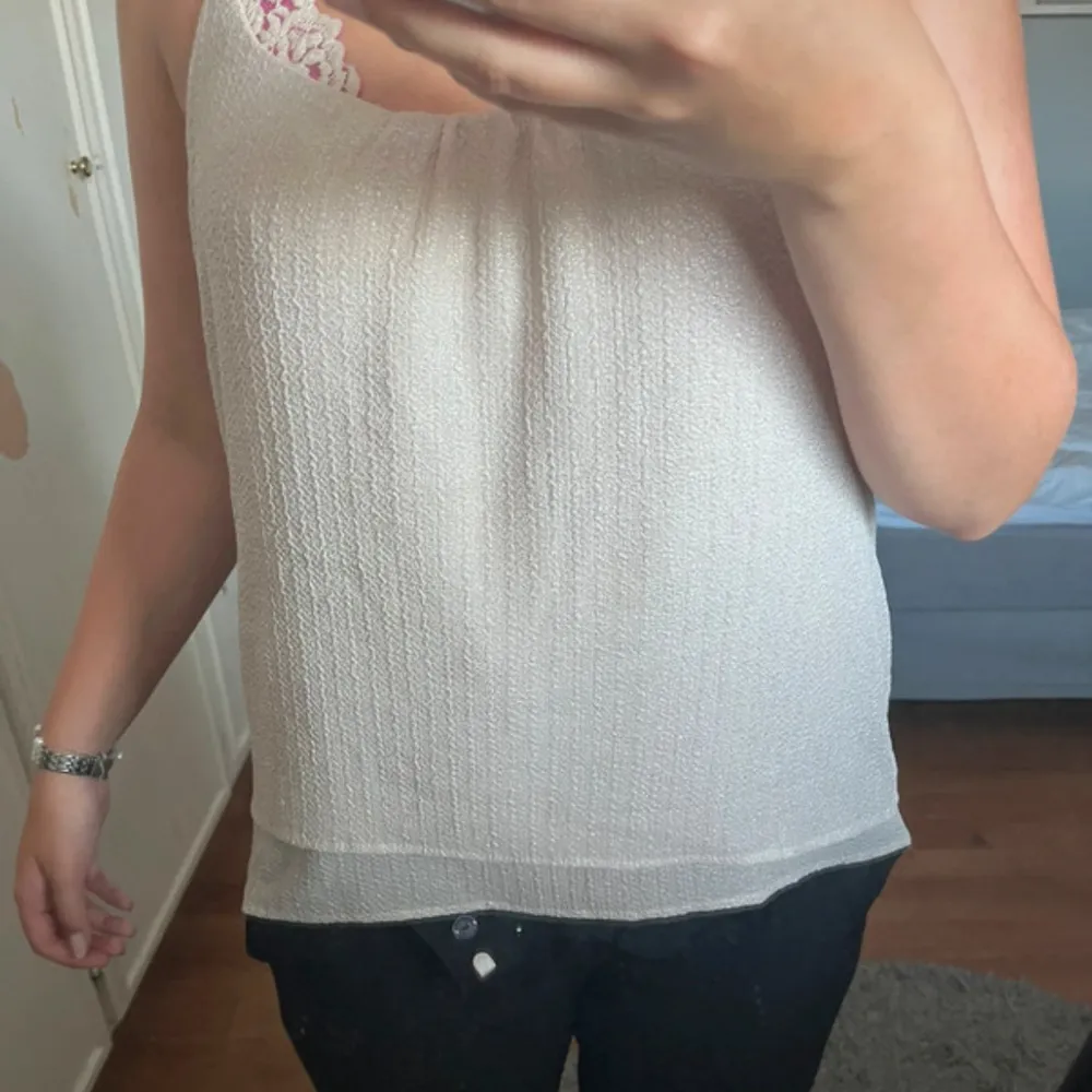 Säljer en superfin beige ärmlös topp med vackra spetsdetaljer vid axelbanden. Toppen har en lös passform och är perfekt för sommardagar. Den är gjord i ett lätt och bekvämt material som känns skönt mot huden. Storlek 40 men är som 38.. Toppar.