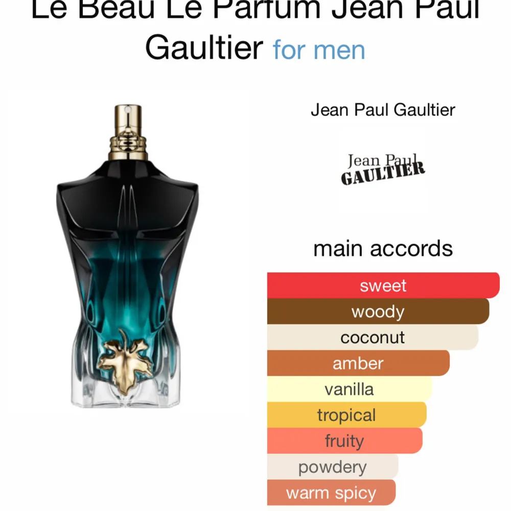 Jag säljer samples av Jean Paul Gaultiers le beau le parfum, vilket är en tropisk parfym med inslag av kokos och vanilj. En dunder parfym till sommaren.. Parfym.