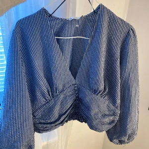 Blårutig blus från Zara - Säljer en snygg blårutig blus från Zara med v-ringning och långa ärmar. Blusen har en omlott-design framtill och elastisk nederkant för en bekväm passform. Perfekt för en stilren look!