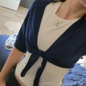 En tunn mörkblå kort kofta som man knyter framme, i bra skick. Tyvärr är lappen borta så vet inte storleken, men ni ser på bilden hur den sitter på mig och jag brukar ha xs/s.