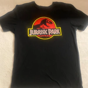 Svart Jurassic Park t-shirt från Zara - Svart t-shirt från Zara med Jurassic Park-logotypen i rött och gult på bröstet. Som ny