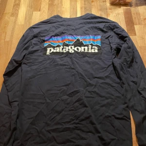Blå långärmad tröja från Patagonia - Säljer en blå långärmad tröja från Patagonia med deras ikoniska logga i färg på ryggen. Perfekt för en avslappnad stil och bekväm passform.