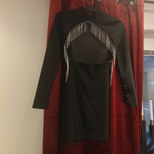 Svart klänning med fransdetaljer - Snygg svart klänning med långa ärmar och fransdetaljer över bröstet. Perfekt för en kväll ute eller en speciell tillställning. Den har en tight passform som framhäver figuren.