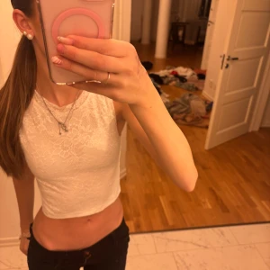 Vit spetslinne - Säljer ett stilrent vitt spetslinne med hög hals och ärmlös design. Toppen är croppad och har ett vackert spetsmönster som ger en elegant touch. Perfekt för fester eller bara i vardag. Orginal 199