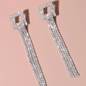 Glittriga örhängen från SHEIN - Snygga och glittriga örhängen från SHEIN med fyrkantig topp och långa hängande strasskedjor. Perfekta för att ge en extra touch av glamour till din outfit. Båda två för 50