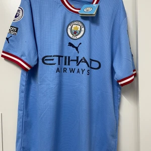 Manchester City fotbollströja - Säljer en snygg ljusblå Manchester City fotbollströja från Puma. Tröjan har röda och vita detaljer vid ärmslut och hals. Den är i nyskick och har etiketten kvar. Size M men passar S. Perfekt för alla City-fans! 💙