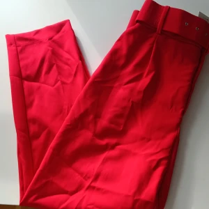 Röd kjol med bälte - Säljer en superfin röd kostym byxa med matchande bälte från ZARA. Kostymbyxan har en stilren design med fickor baktill och en bekväm passform. Perfekt för både vardag och fest! Plagget har klädetiketten kvar. 