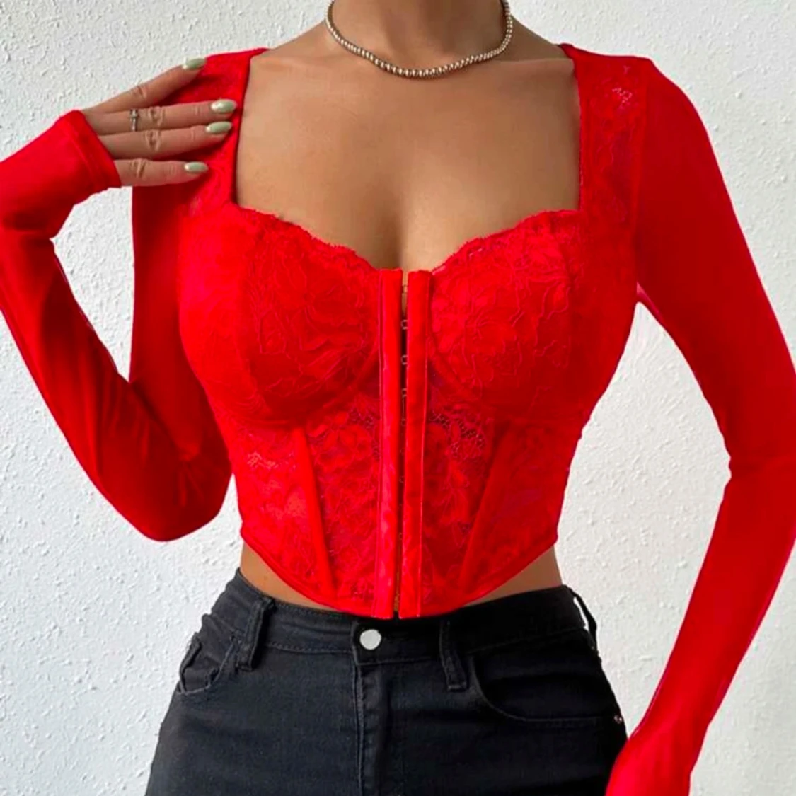 Topp/tröja röd spets korsett