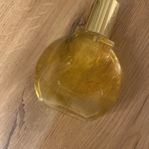Guldfärgad parfymflaska - Elegant parfymflaska med en rund form och guldfärgat lock. Flaskan är genomskinlig och innehåller en gyllene vätska. Perfekt för den som söker en lyxig och stilren doftupplevelse. Jag vet inte hur många ml det är men den är inte så använd. 