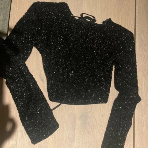 Svart glittrig topp öppen rygg  - Snygg svart glittrig croppad topp med långa ärmar och snörning i ryggen. Bara testad💗