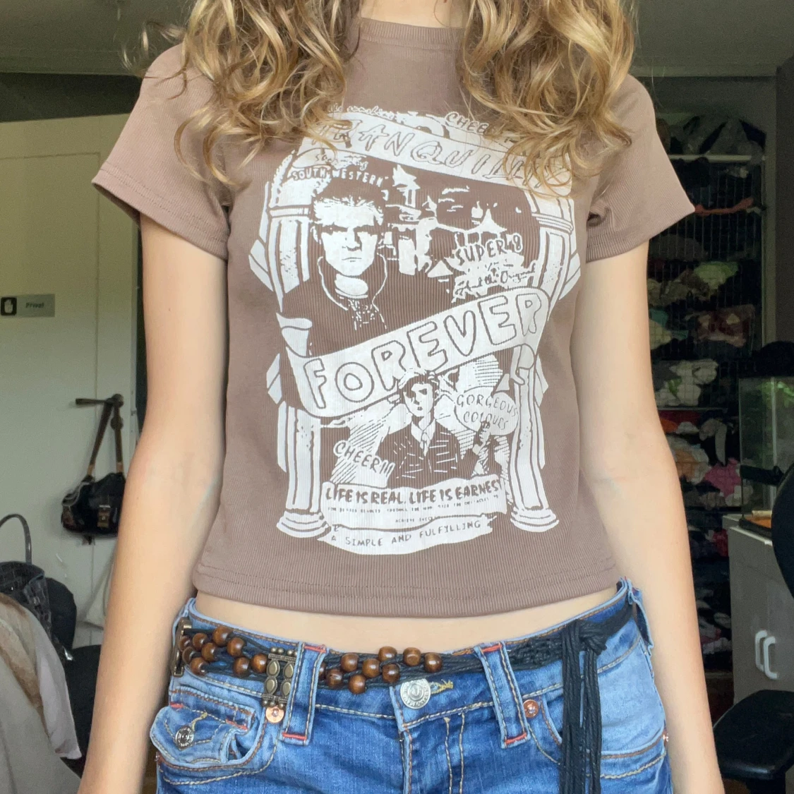 Brun ribbad t-shirt med tryck - 91