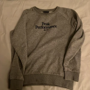 Grå tröja från Peak Performance - Säljer en grå tröja från Peak Performance med svart logotyp på bröstet. Tröjan har långa ärmar och ribbade muddar vid ärmslut och nederkant. Perfekt för en avslappnad stil. Passar runt längden 158-165.