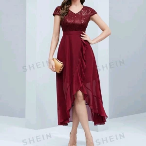 Burgundy Red Contrast Lace Ruffle Dress  - SHEIN Belle Burgundy Red Contrast Lace Ruffle Trim Wrap Hem Dress Formal Dresses For Women, Semi Formal Dress