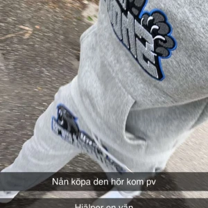 Grå hoodie med tryck - Säljer en grå hoodie med ett stort tryck i svart och blått på framsidan. Perfekt för en avslappnad stil. Hör av dig om du är intresserad! pris kan absolut diskuteras. Priset är mellan 1100kr-1200 men kan diskuteras!