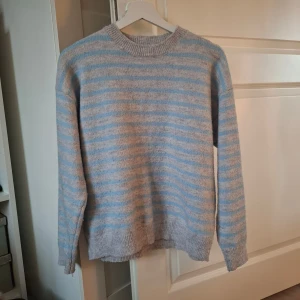 Randig stickad tröja i blått och grått - Mysig stickad tröja med ljusblå och gråa ränder. Tröjan har rund halsringning, ribbade muddar och lång ärm. Perfekt för dig som gillar en chill och avslappnad stil.