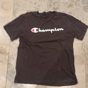 Brun t-shirt från Champion - Säljer en brun t-shirt från Champion med stort vitt och rött logotryck på bröstet och en broderad logga på ärmen. Klassisk passform och rund halsringning. Perfekt för en avslappnad stil. Tröjan är i väldigt bra skick och färgen är väldigt snygg i verkligheten, passar dock inte min stil och därför får den gå vidare! Katthår tas bort innan köp såklart, skriv vid frågor. 