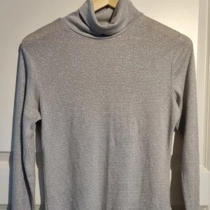 Glittrig silverfärgad polotröja från H&M - Säljer en glittrig silverfärgad polotröja från H&M i storlek L. Tröjan har lång ärm och är tillverkad i ett stretchigt material med glittriga trådar. Perfekt för dig som vill sticka ut lite extra!