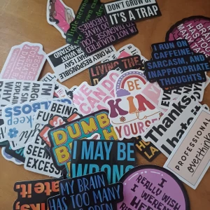 Sticker Pack: Sassy & Relatable Quotes - Ett färgstarkt klistermärkespaket med roliga, ironiska och peppande citat. Perfekt för att dekorera laptop, mobil eller anteckningsbok och visa din personlighet. Passar dig som gillar humor, självdistans och att uttrycka dig på ett unikt sätt. Cirka 45 stycken 