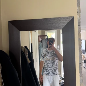 Vit mönstrad t-shirt med tryck - Säljer en vit t-shirt med svart och grått barockinspirerat mönster och detaljer i guld. Riktigt fin tröja med bra material 