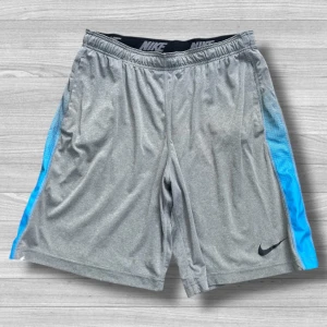 Nike Dri-Fit grå sportshorts L - Grå sportshorts från Nike med blå sidopaneler och svart logga. Tillverkade i Dri-Fit polyester som andas, med elastisk midja och avslappnad passform. Perfekta för träning eller sportiga dagar.