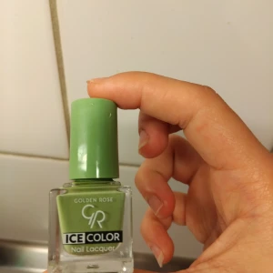 Golden Rose grön nagellack - Golden Rose Ice Color nagellack i en snygg ljusgrön nyans. Kommer i en liten fyrkantig glasflaska med grön plastkork. Perfekt för dig som vill ha en fräsch och trendig färg på naglarna. Innehåller 6 ml. Köpt från normal och använt bara en gång💅🏻