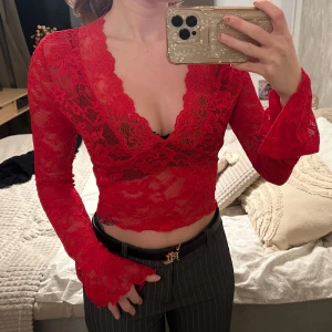 Röd Mesh Top Spets XS - Säljer en vacker röd mesh top med stor urringning. Super fin, väldig skön att ha på, är XS passar jättebra även om man har lite större bröst, har en C/D kupa