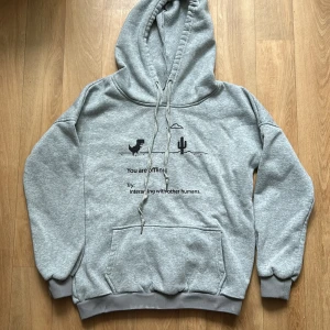 Grå hoodie med tryck - Grå hoodie med huva, känguruficka framtill samt tryck. Hoodien är sparsamt använd. Finns dock tecken på användning då den är något nopprig och svagt flammig (sista bilden). Trots det väldigt skön och cool!! 🩶
