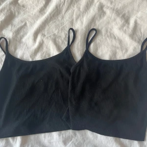 Svarta ribbade linnetoppar - Två svarta ribbade linnetoppar med smala axelband. De är croppade, materialet är mjukt och stretchigt. Säljes som ett set om två. Som du ser så är lapparna klippta men tror de är köpta från New yorker och kommer inte mer till användning. Kontakta gärna innan köp! 25kr för båda